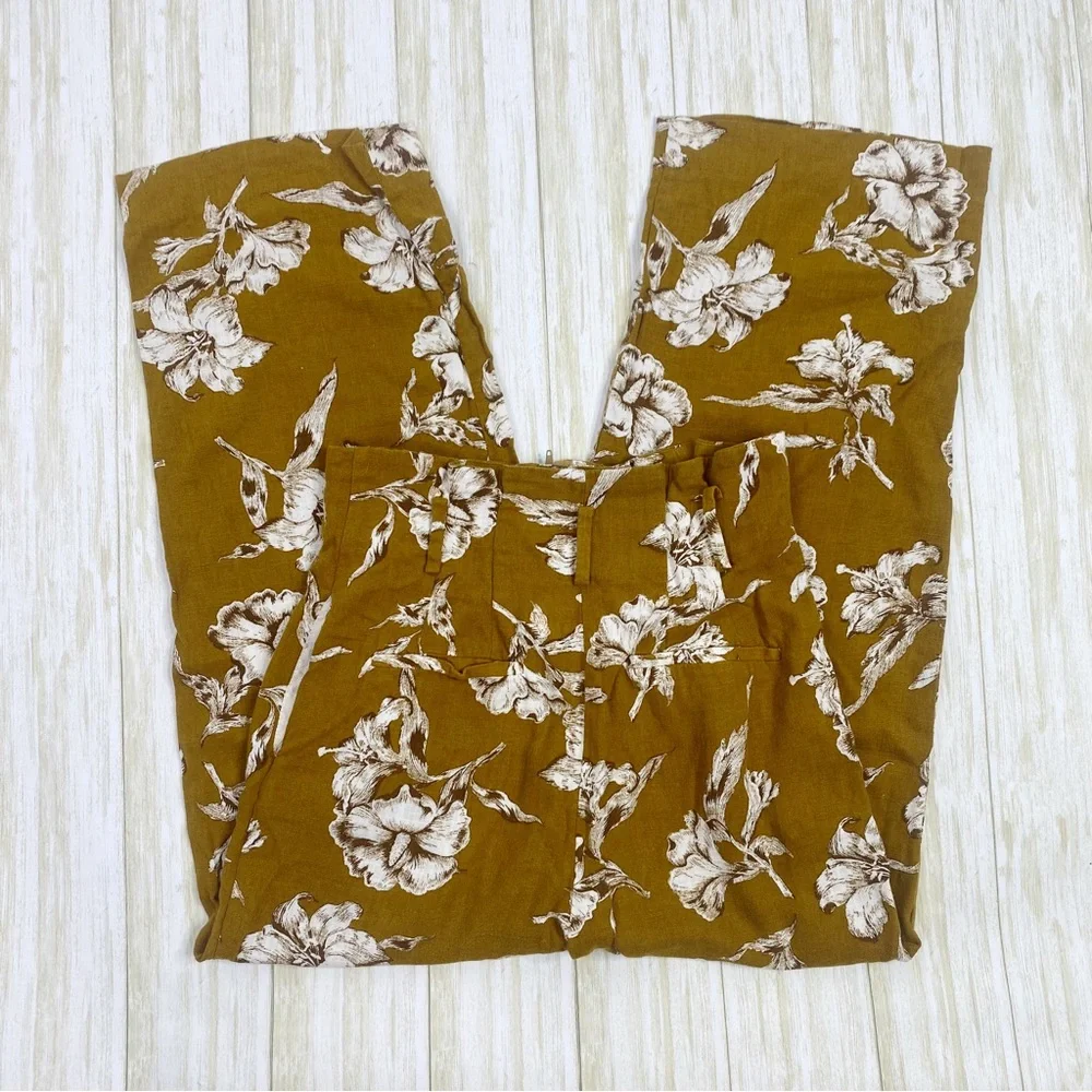 Zara Golden Yellow Floral Print Linen Blend High Waist Pants